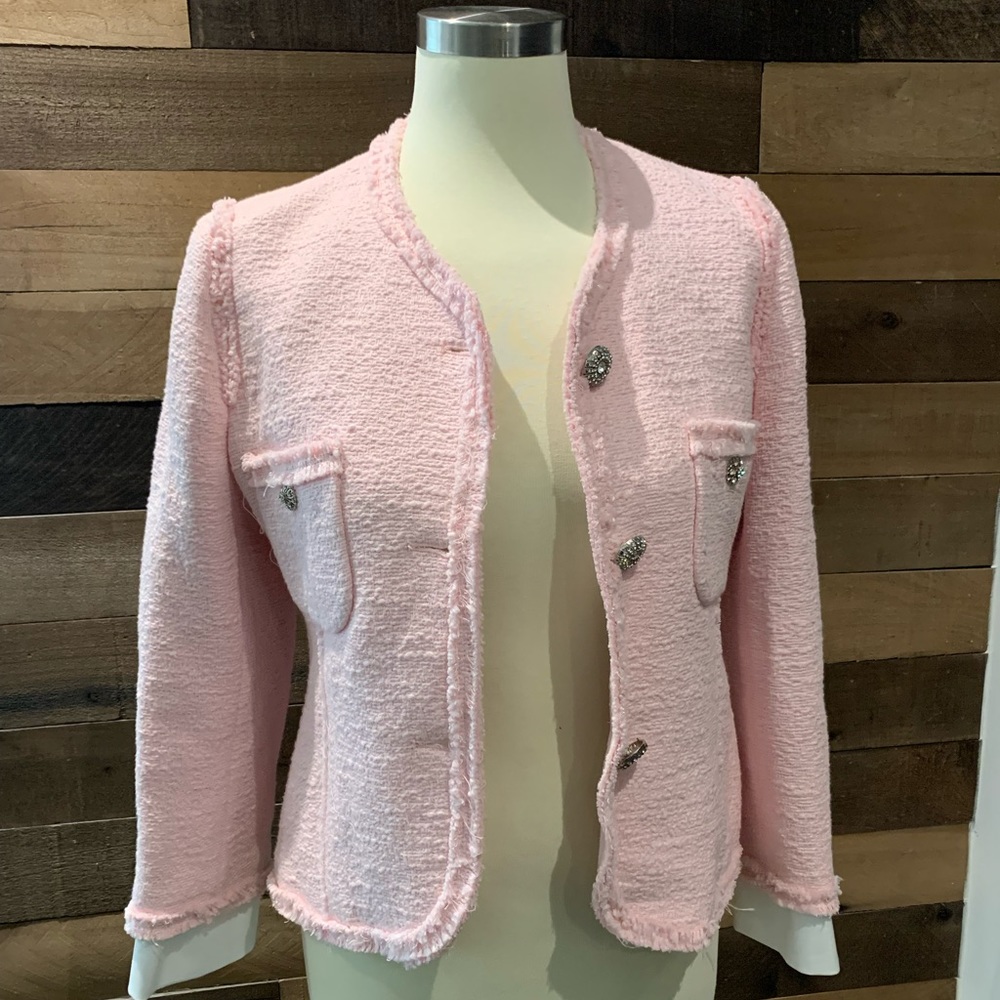 NWT Zara pink tweed jacket with jewel buttons